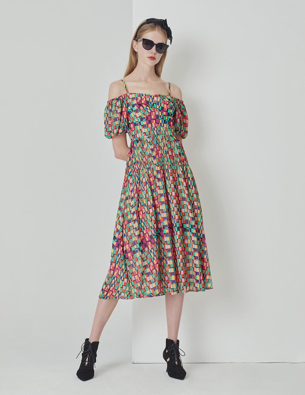 MARYLING Colourful Checkered Bubble Sleeve Printed Dress