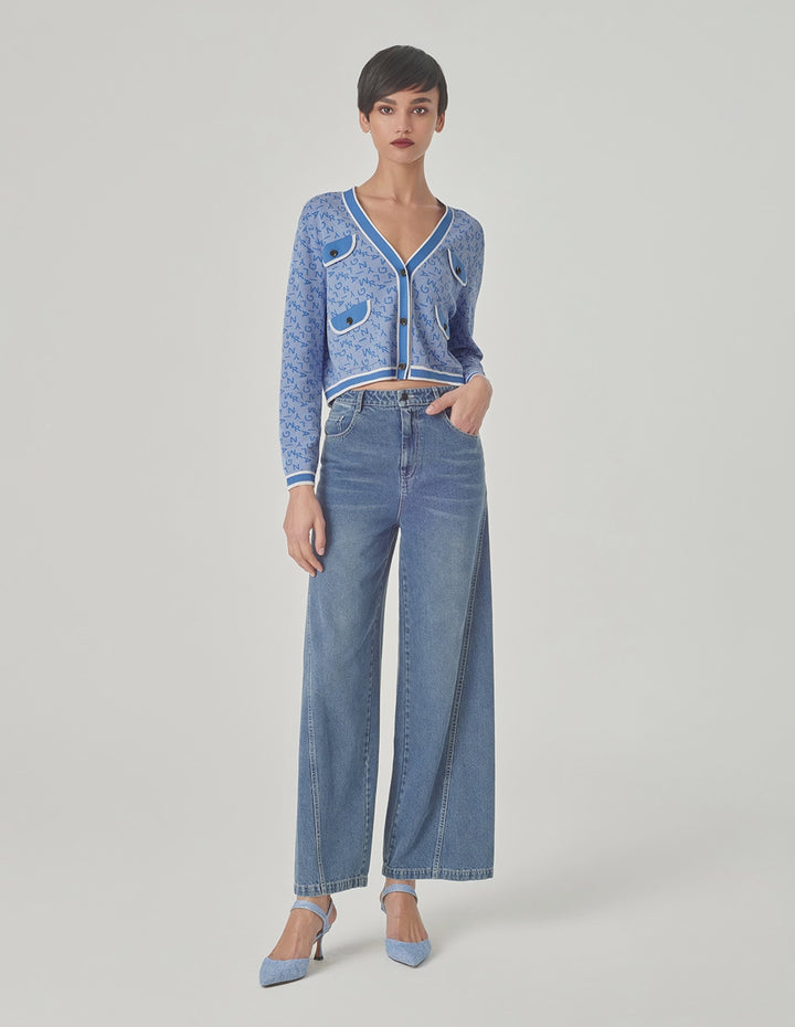 MARYLING Denim Blue V-Neck Jacquard Knitted Cardigan