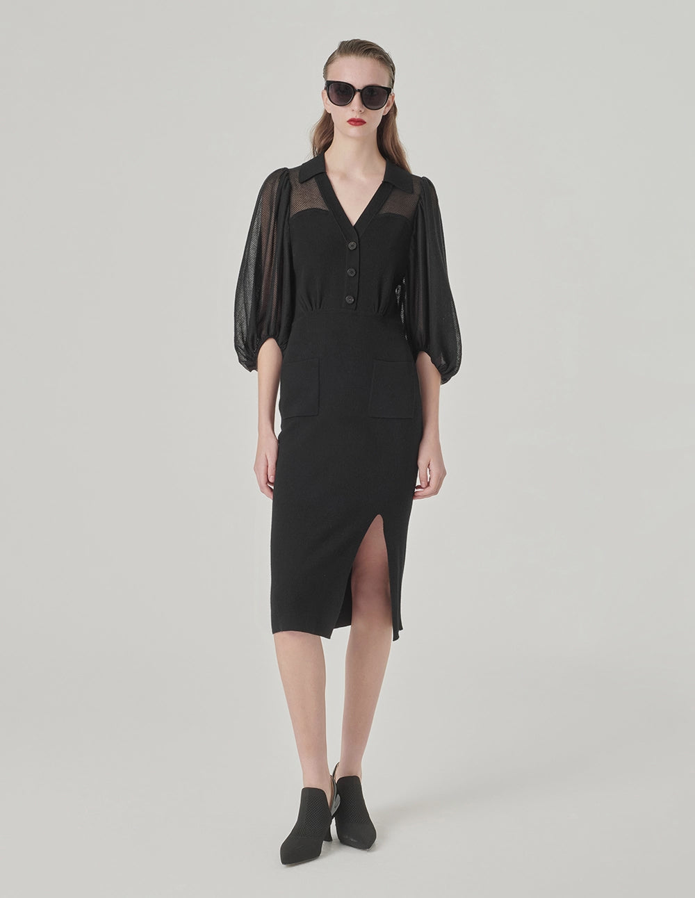 MARYLING Black Puff Sleeve Knitted Dress