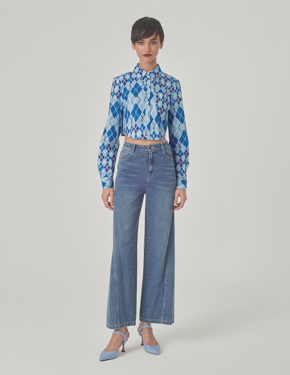 MARYLING Blue And White Plaid Shirt Collar Round Hem Blouse