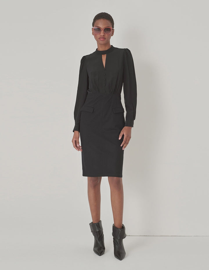 MARYLING Black Wool Silk Panel Dress