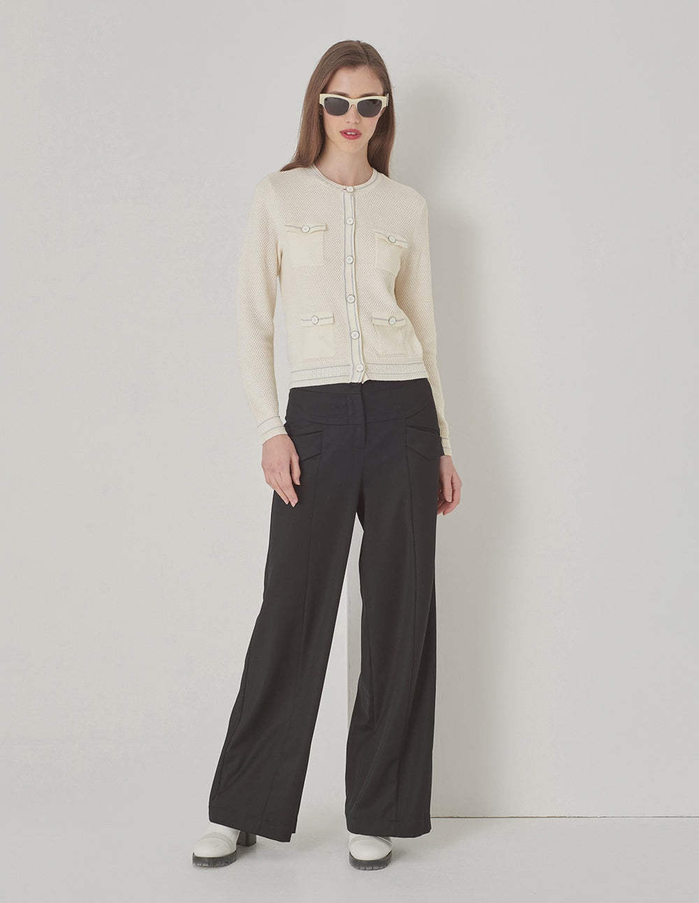 MARYLING Off-White Crewneck Knit Cardigan