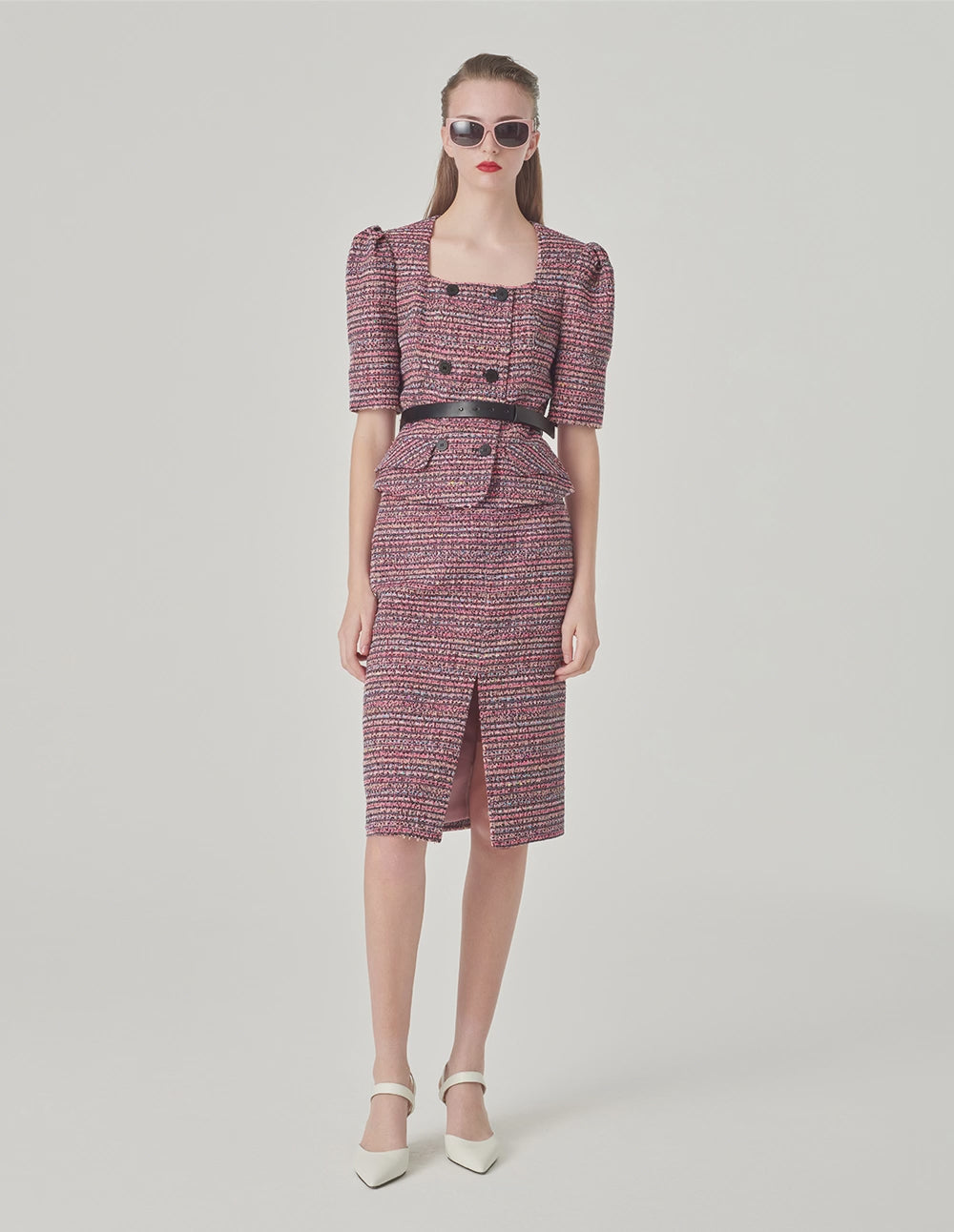 MARYLING Pink Striped Square Collar Tweed Jacket