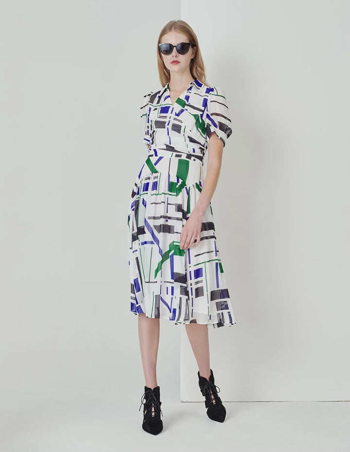 MARYLING Blue And White Geometric Art Print V-Neck Dress