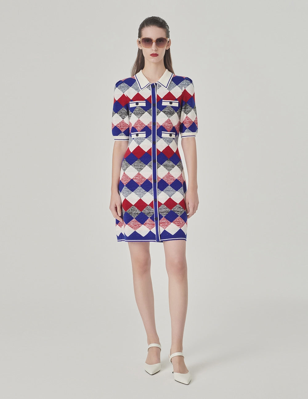 MARYLING Diamond Plaid Shirt Collar Knitted Dress