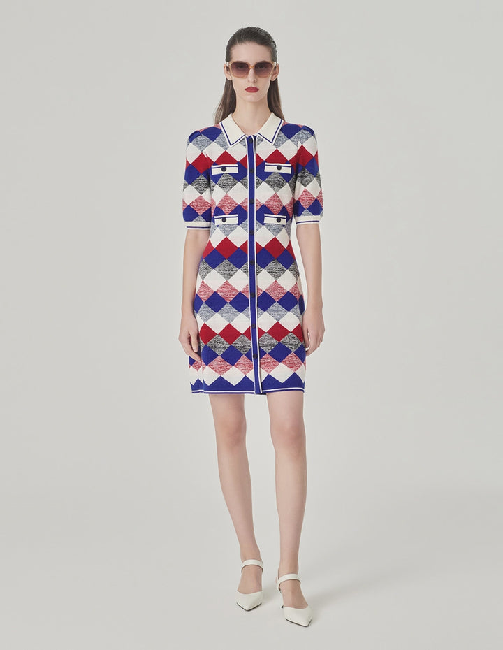 MARYLING Diamond Plaid Shirt Collar Knitted Dress