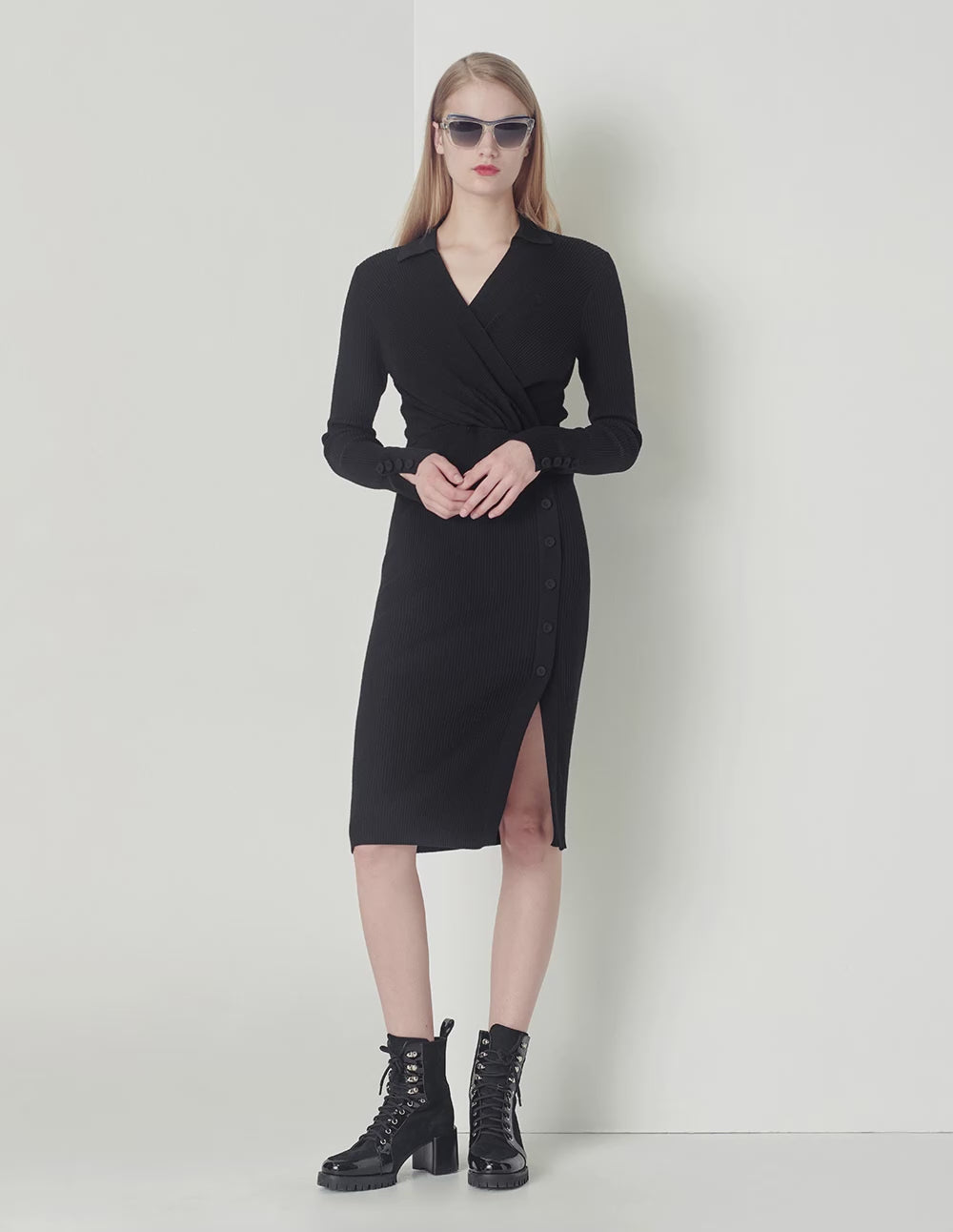 MARYLING black all-match slim V-neck knitted dress