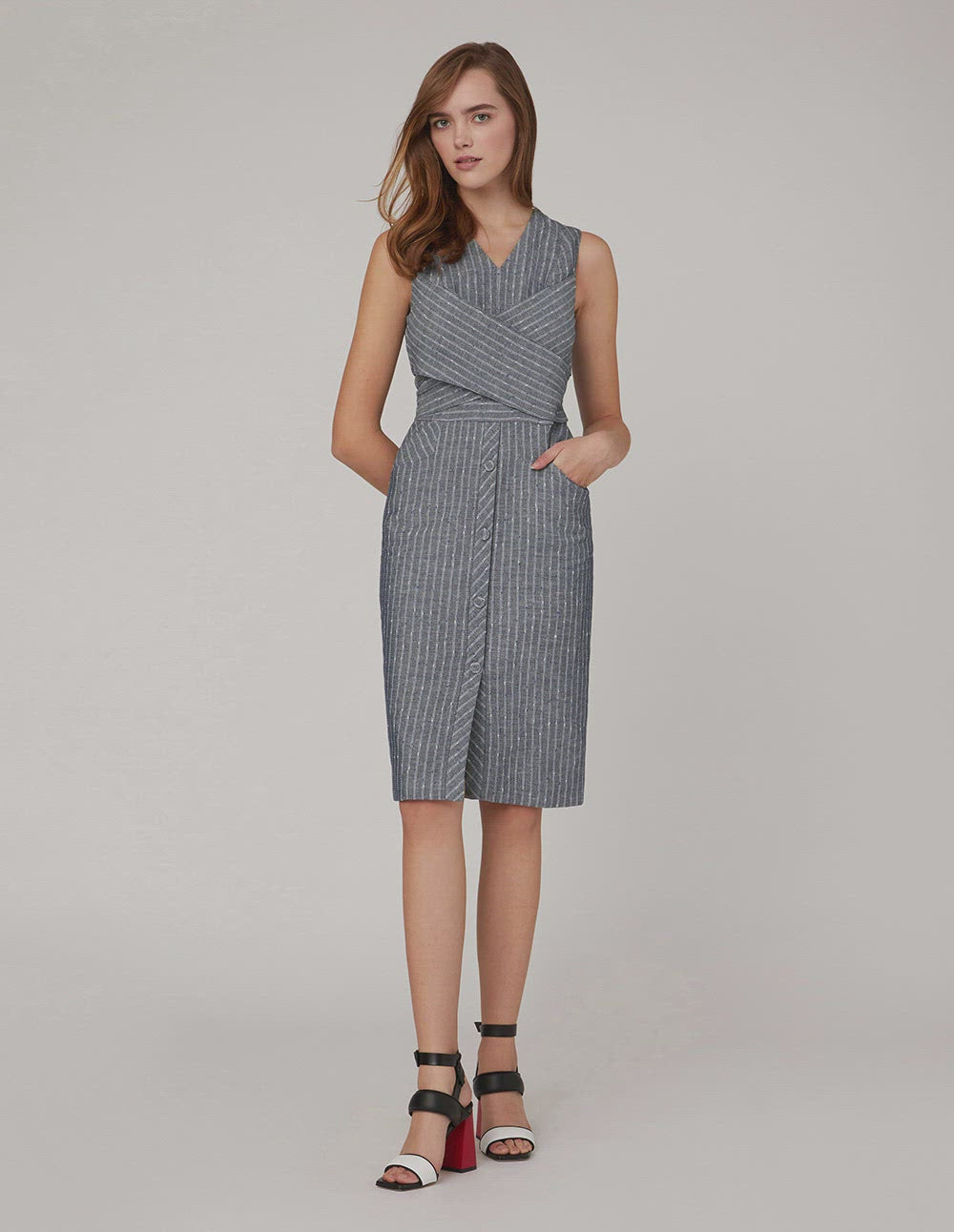 MARYLING Overlapping waistband striped sleeveless dress