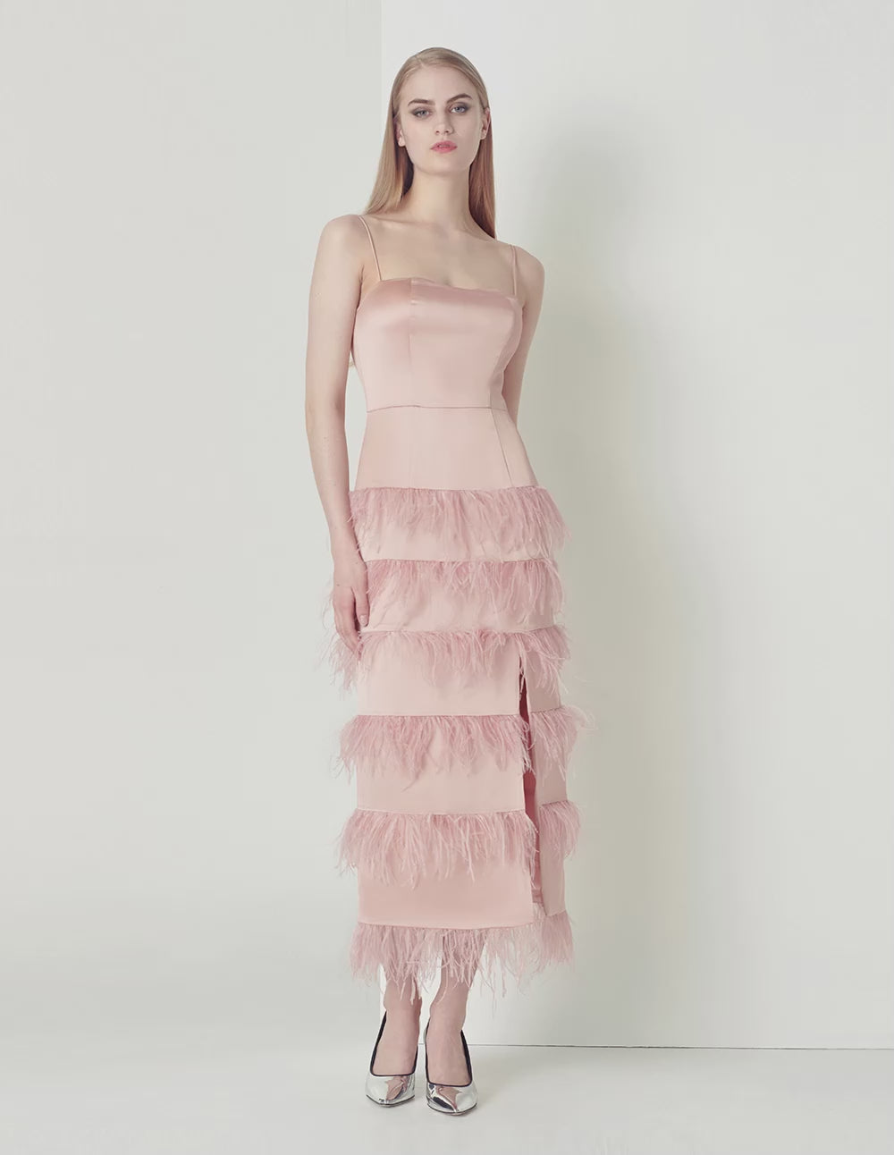 MARYLING Haze powder elegant and noble ostrich hair suspender dress