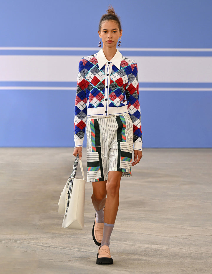 MARYLING Diamond Check Round Neck Knitted Cardigan