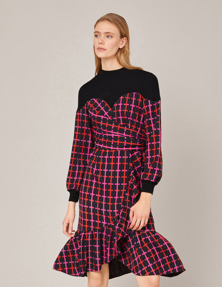 MARYLING Contrast Knit Spliced Checked Print Ruffle Dress
