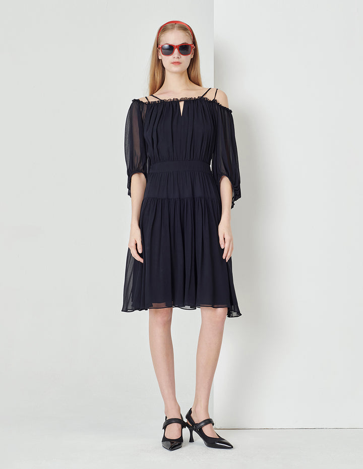 MARYLING Dark Blue One Shoulder Puff Sleeve Georgette Dress