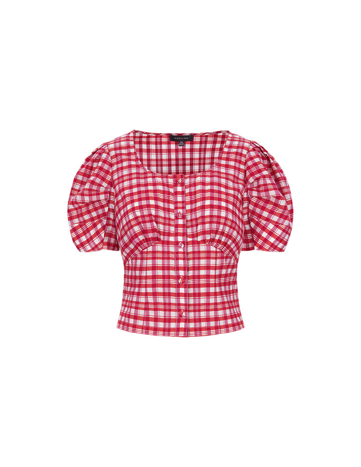 MARYLING Pink Plaid Square Neck Bubble Sleeve Plaid Top