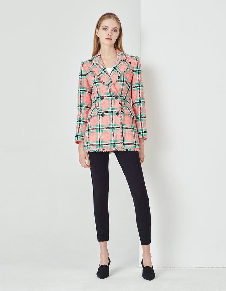 MARYLING Lapel Collar Pink And Green Plaid Double-Breasted Retro Blazer