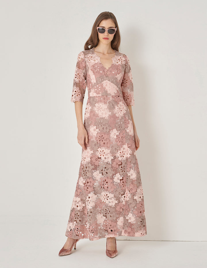 MARYLING Pink V-Neck Fishtail Slit Lace Dress