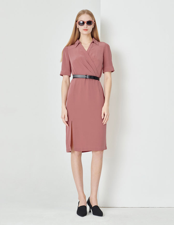 MARYLING Shirt Collar Pleated Straight Slit Dress