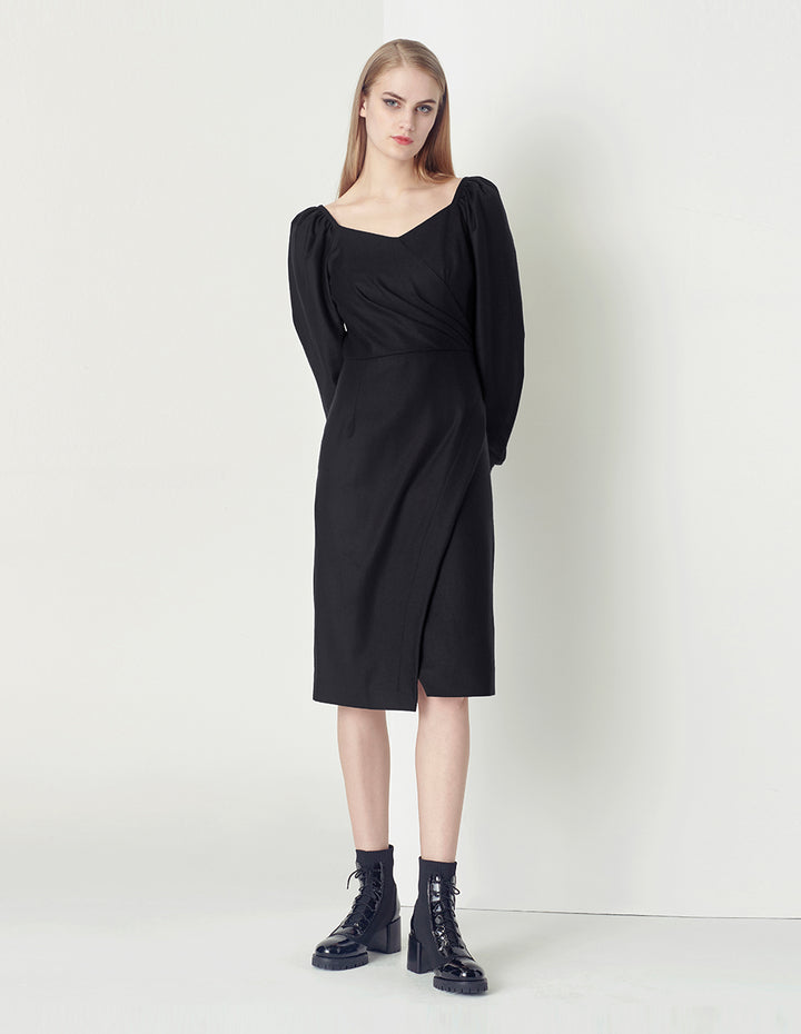 MARYLING Classic and elegant black slit wool wrap hip dress