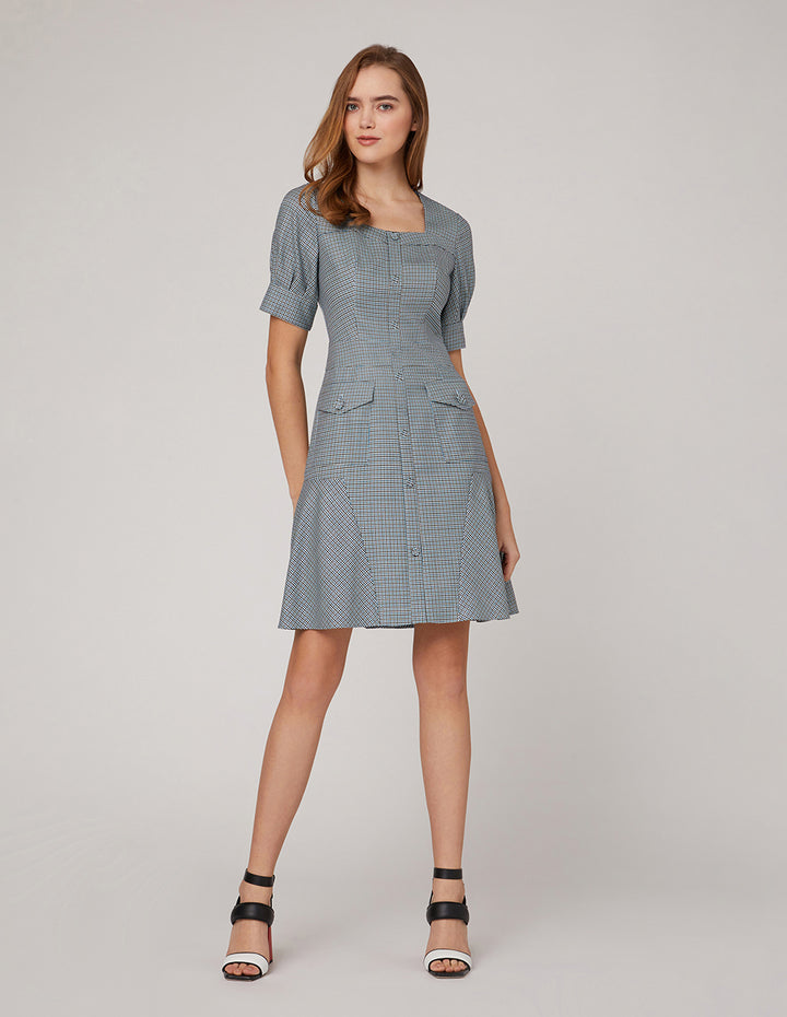 MARYLING Blue white square collar waist A swing houndstooth dress