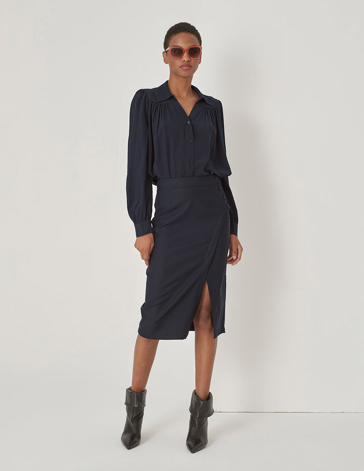 MARYLING Dark Blue V Shirt Neck Silk Shirt