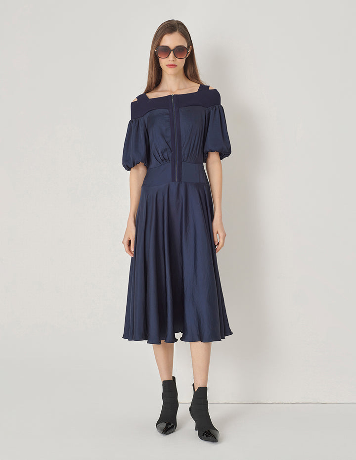 MARYLING Dark Blue Metallic Zipper Off-Shoulder Puff Sleeve Dress