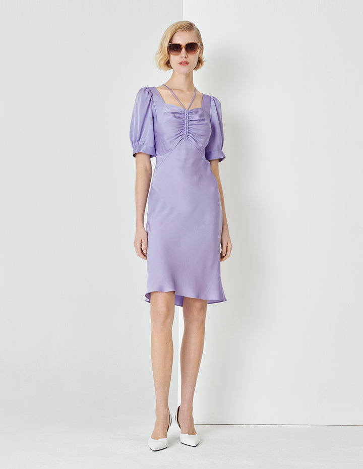 MARYLING Taro Purple Small Shoulder Strap Shirred Short-Sleeved Dress