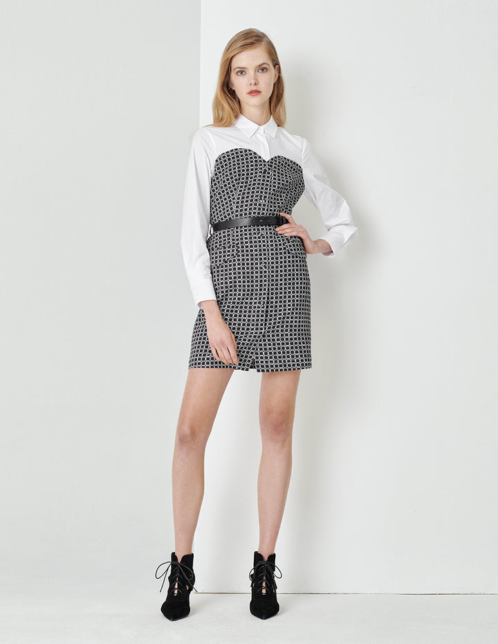 MARYLING Black And White Plaid Fake Two-Piece Spliced Contrast Colour Shirt Dress