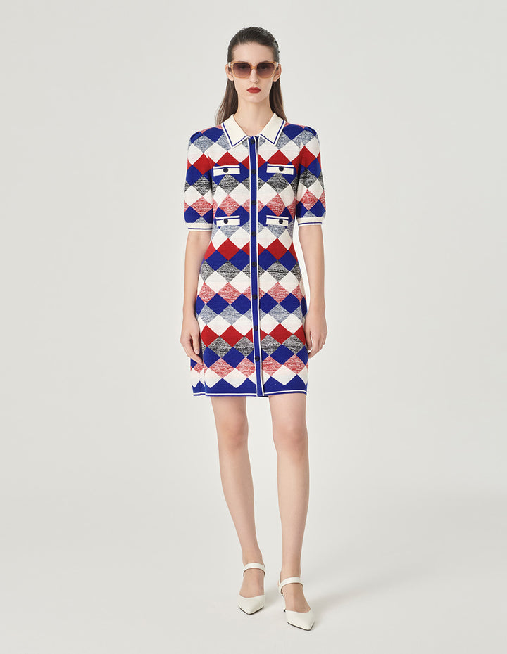 MARYLING Diamond Plaid Shirt Collar Knitted Dress