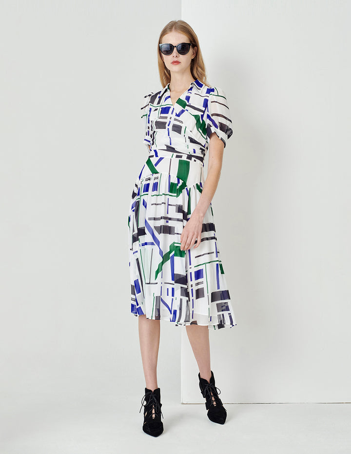 MARYLING Blue And White Geometric Art Print V-Neck Dress