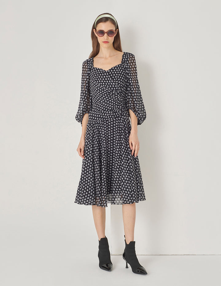 MARYLING Black And White Forest V-Neck Pinched Puff Sleeve Dress