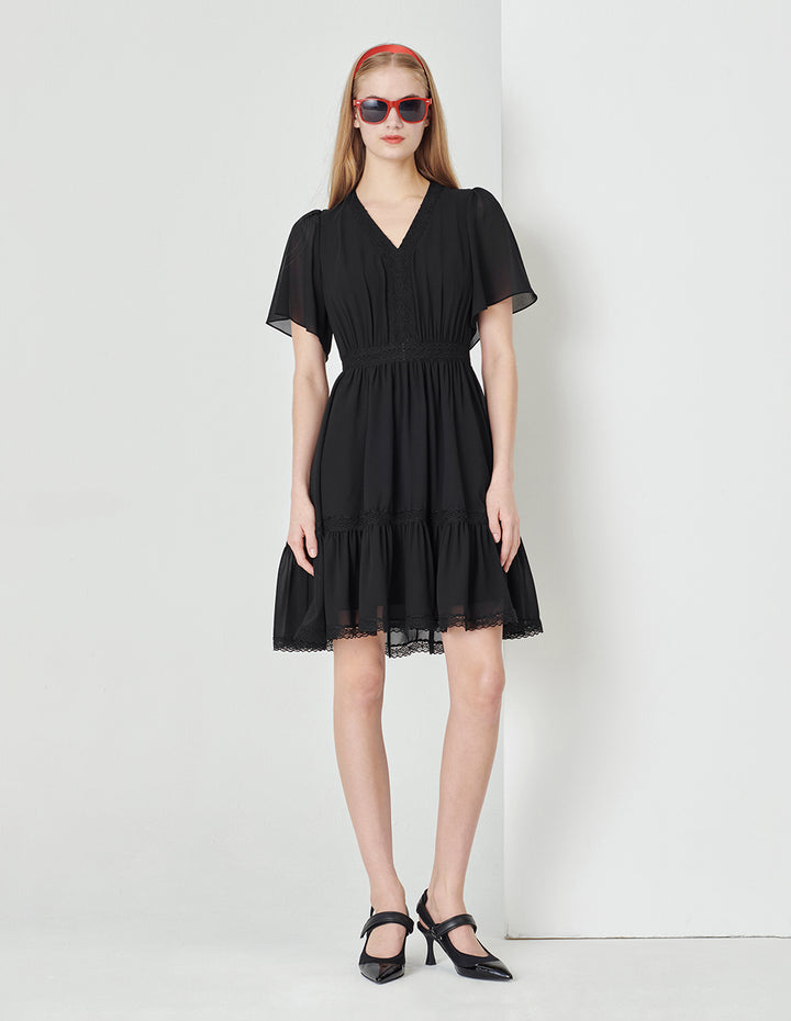 MARYLING Black V-Neck Bell Sleeve Lace Trim Georgette Dress