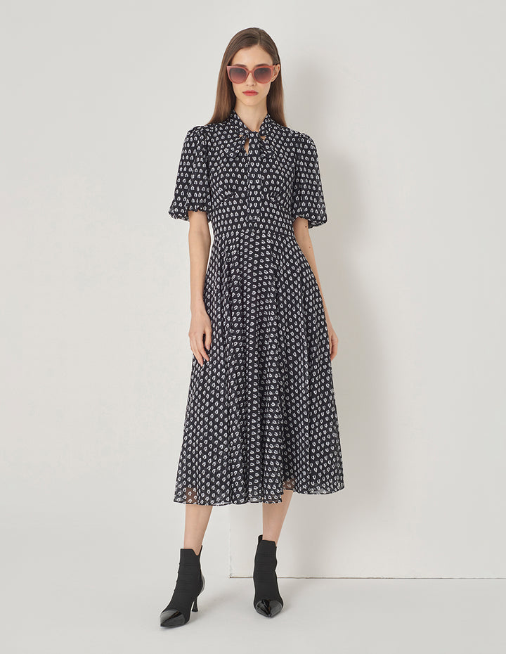 MARYLING Black And White Forest Tie Bow Shirt Dress