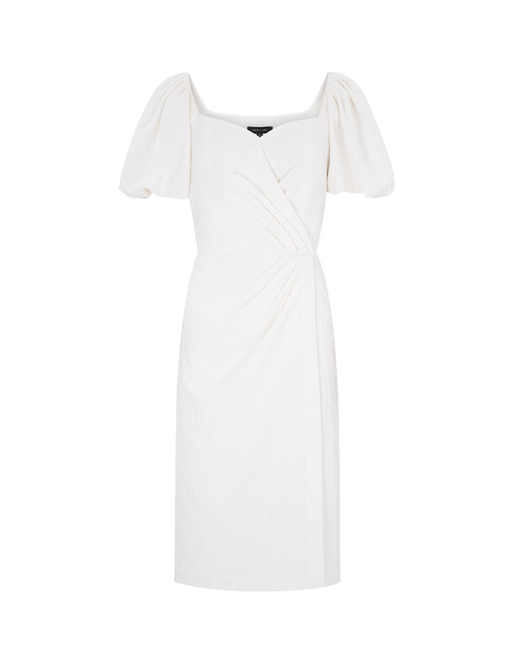 MARYLING Ivory White Square Neck Bubble Sleeve Jacquard Straight Dress