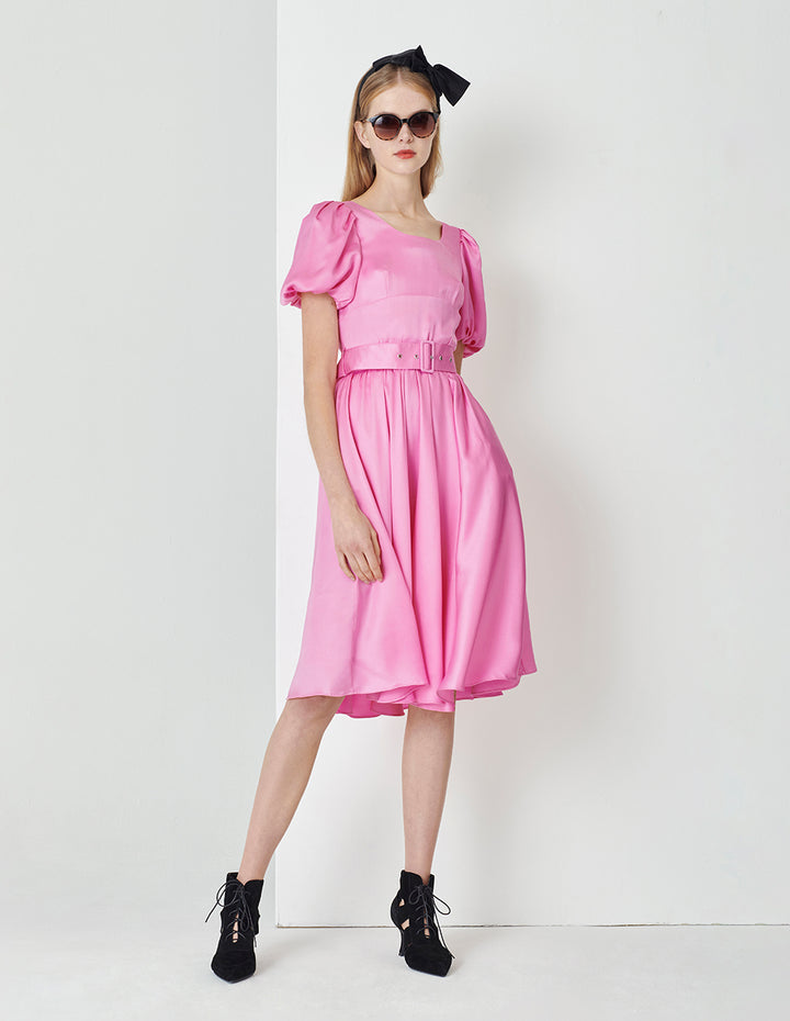 MARYLING Peach Pink Square Neck Bubble Sleeve Belted Dress