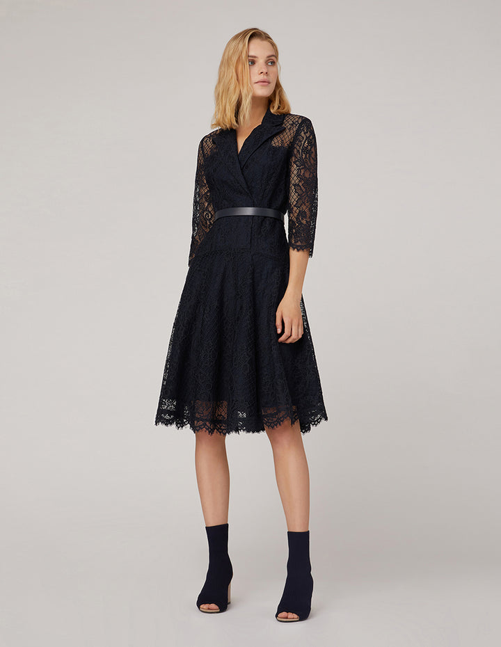 MARYLING Peak-Lapel Midi Lace Dress