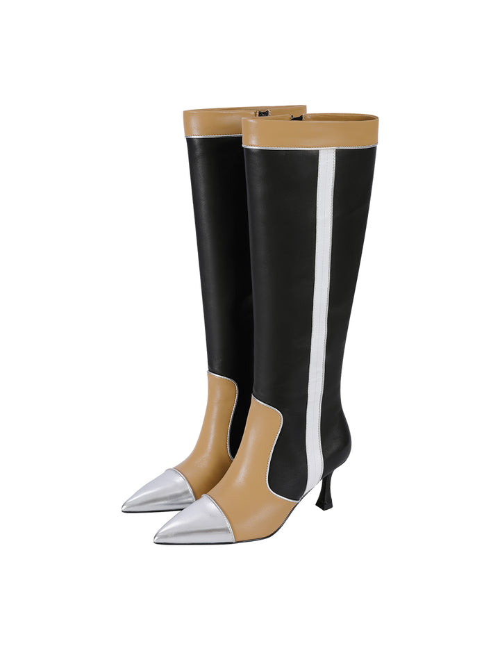 MARYLING Black And Beige Colour Matching Pointed Toe Stiletto Heeled Sheepskin Boots