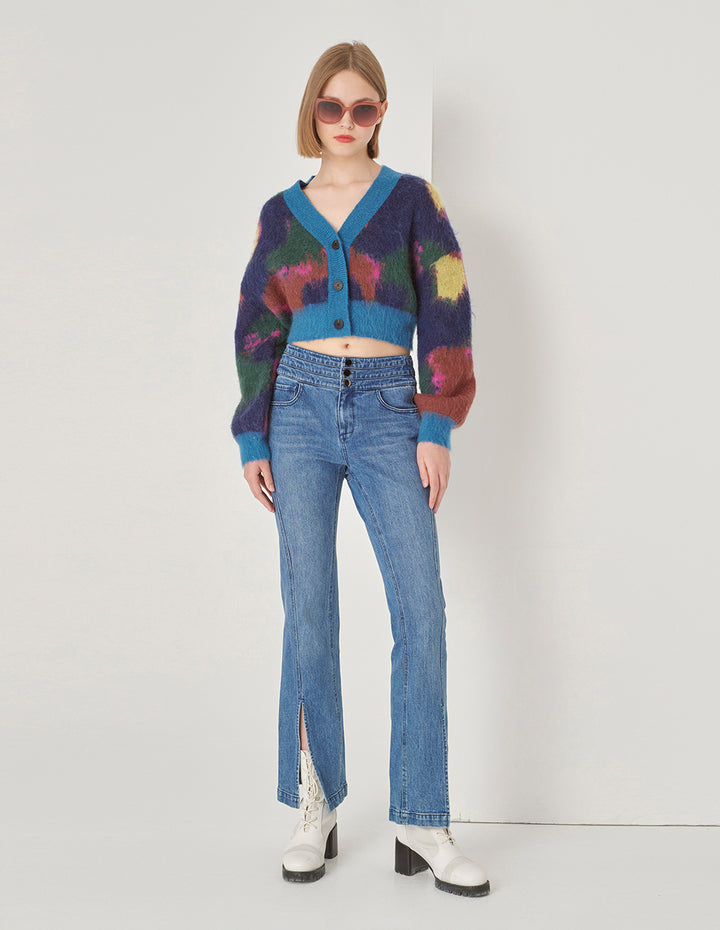 MARYLING Blue Graffiti Mixed Color Knitted Cardigan