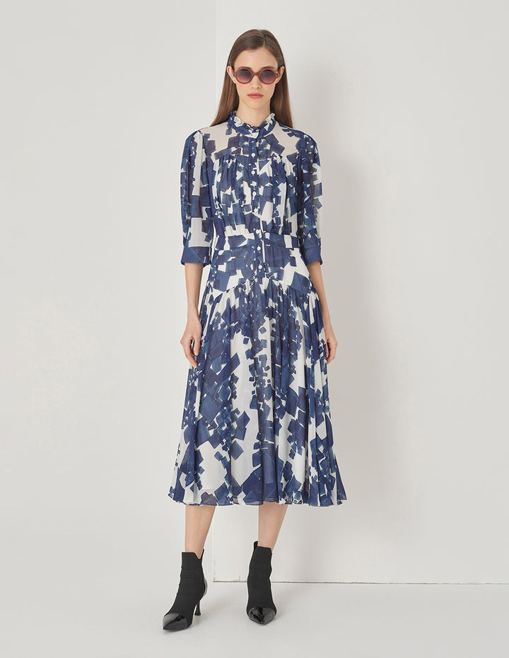 MARYLING Blue And White Grit Georgette Long Sleeve Dress