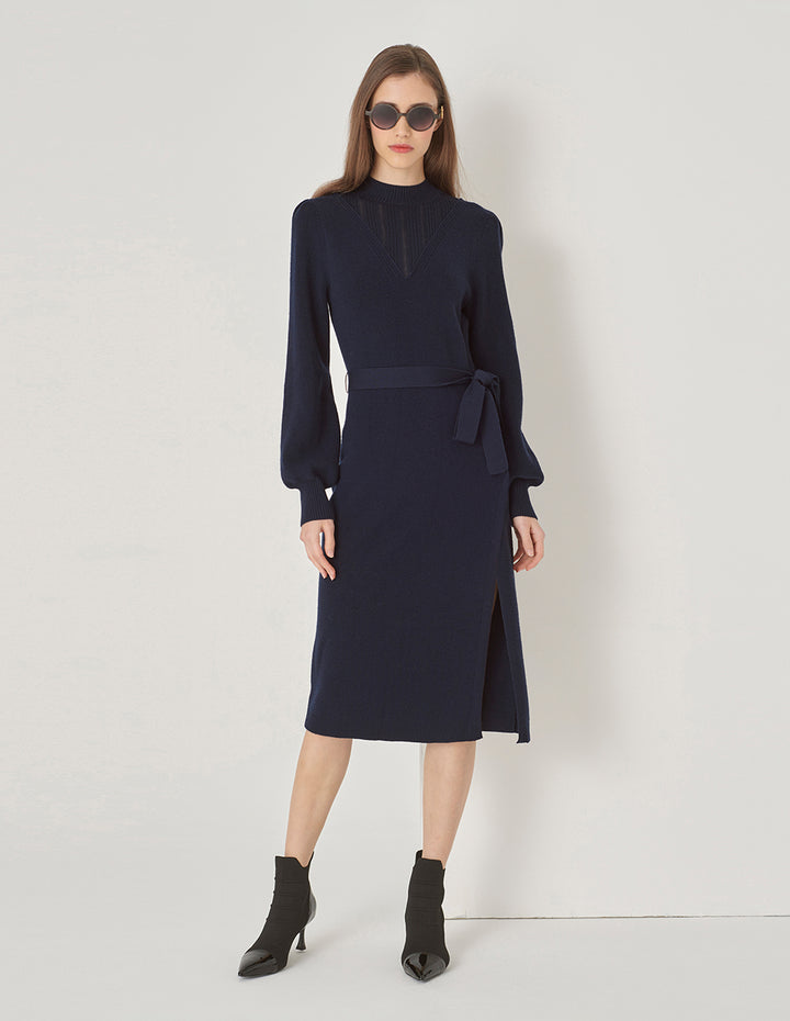 MARYLING Side Slit Waisted Woolen Dress
