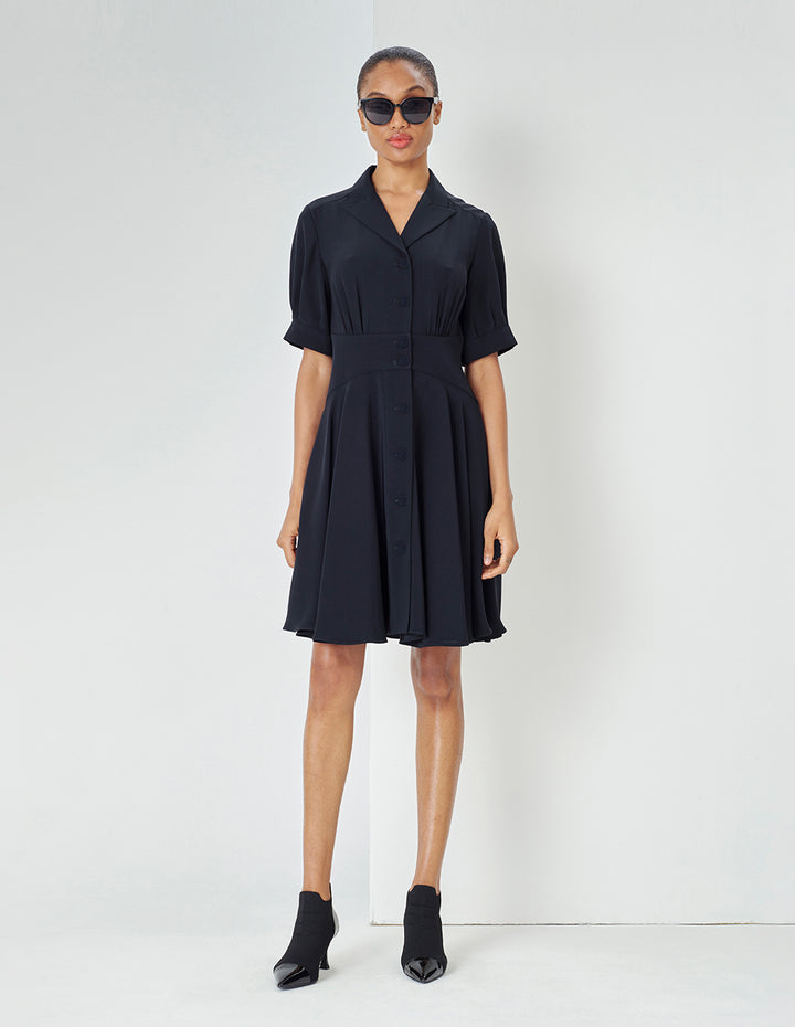 MARYLING Navy Pleated Dress With Blazer Collar