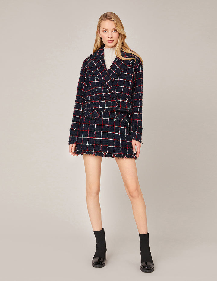 MARYLING Plaid Tweed Fringe Hem A-Line Mini Skirt