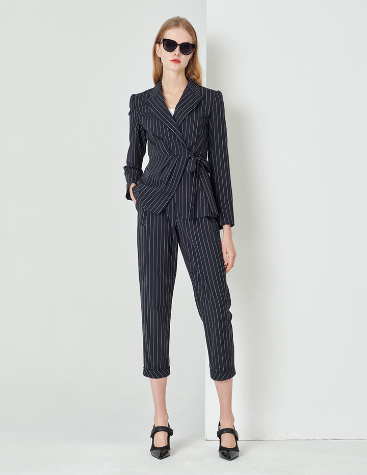 MARYLING  Blue Bottom White Striped Lapel Wrap Detail Striped Suit Jacket