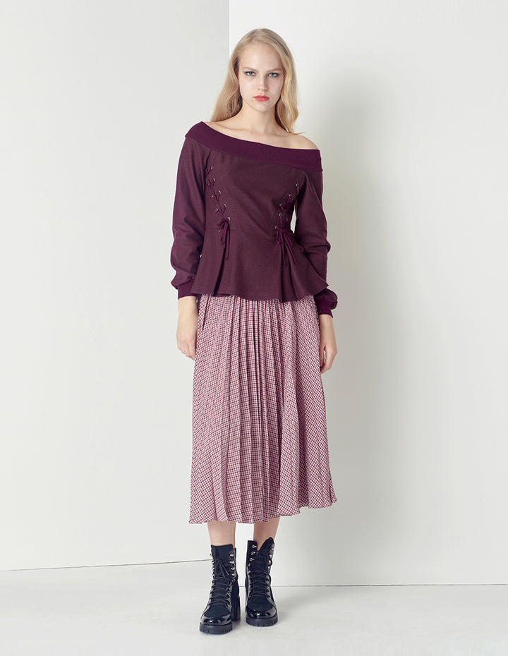 MARYLING Wine red off-shoulder sexy wool knitted top