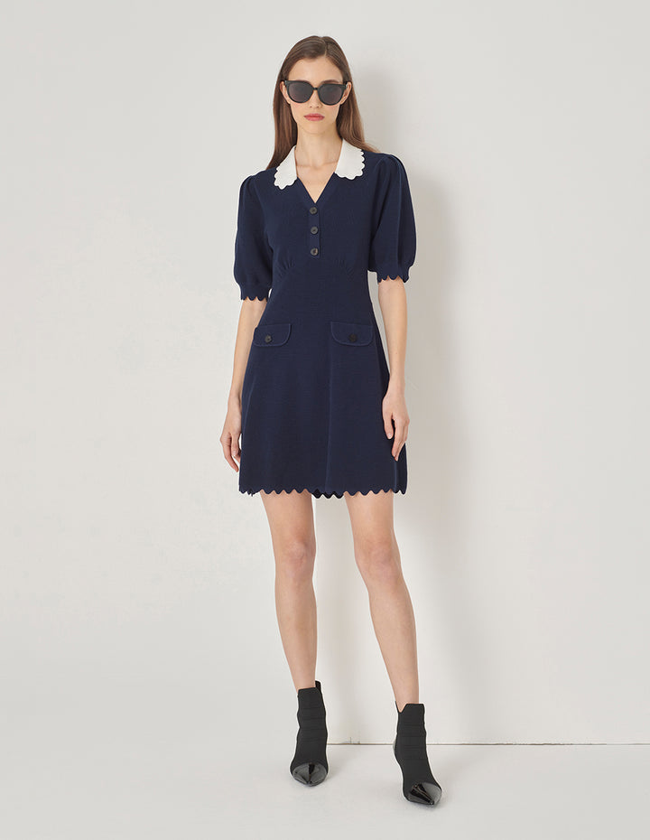 MARYLING Blue And White Paneled Wavy Trim Wool Dress