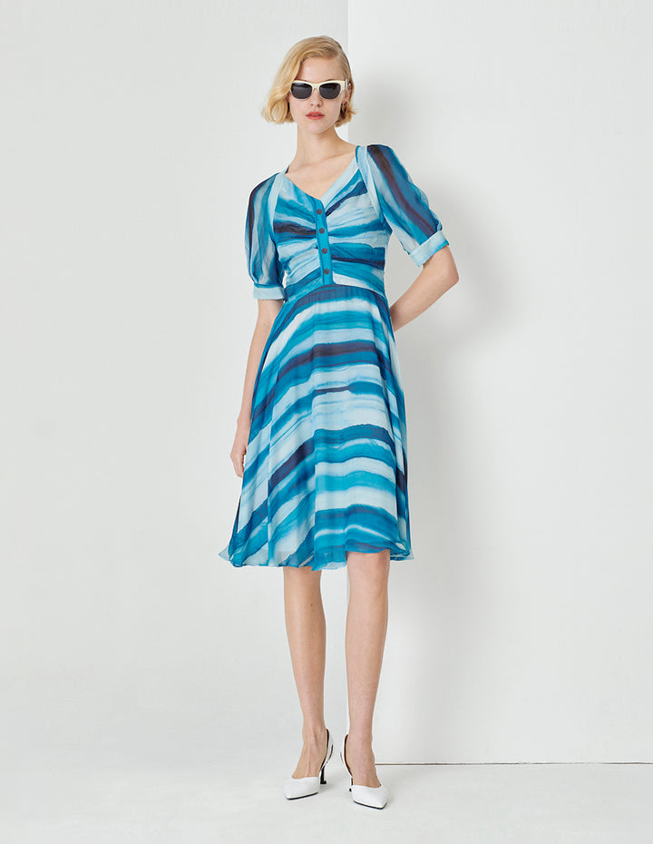 MARYLING Gradient Blue Wave Square Neck Pleated Print Dress
