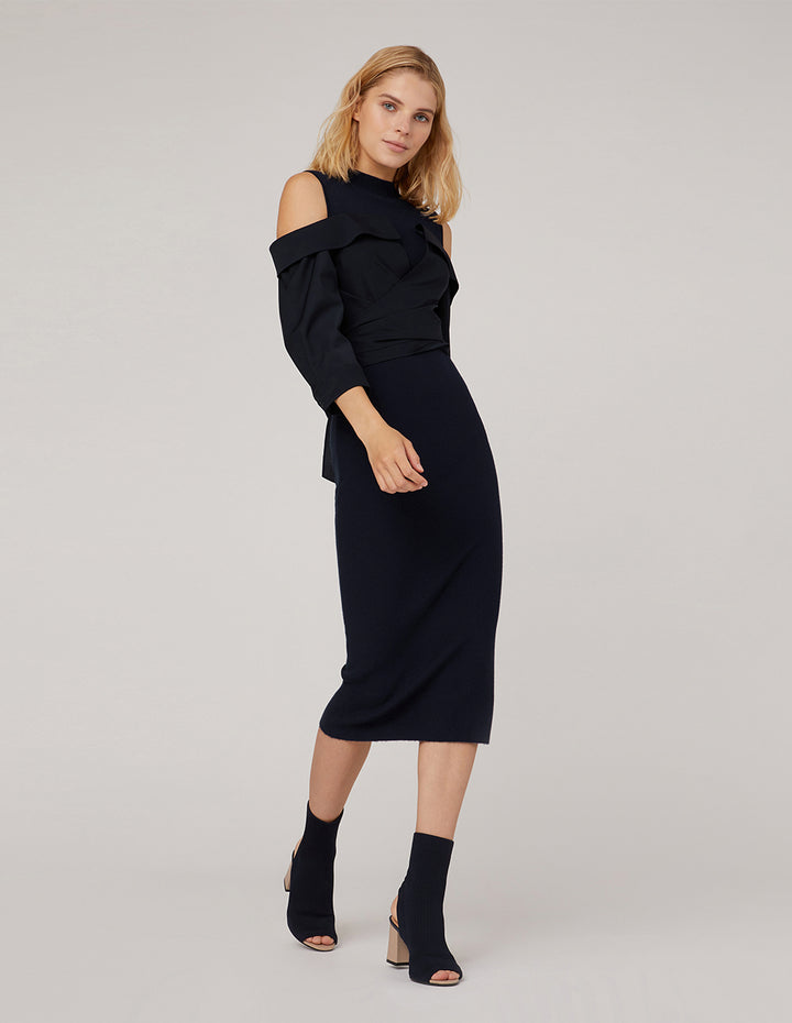 MARYLING Semi-Turtleneck Knit Spliced Woven Dress