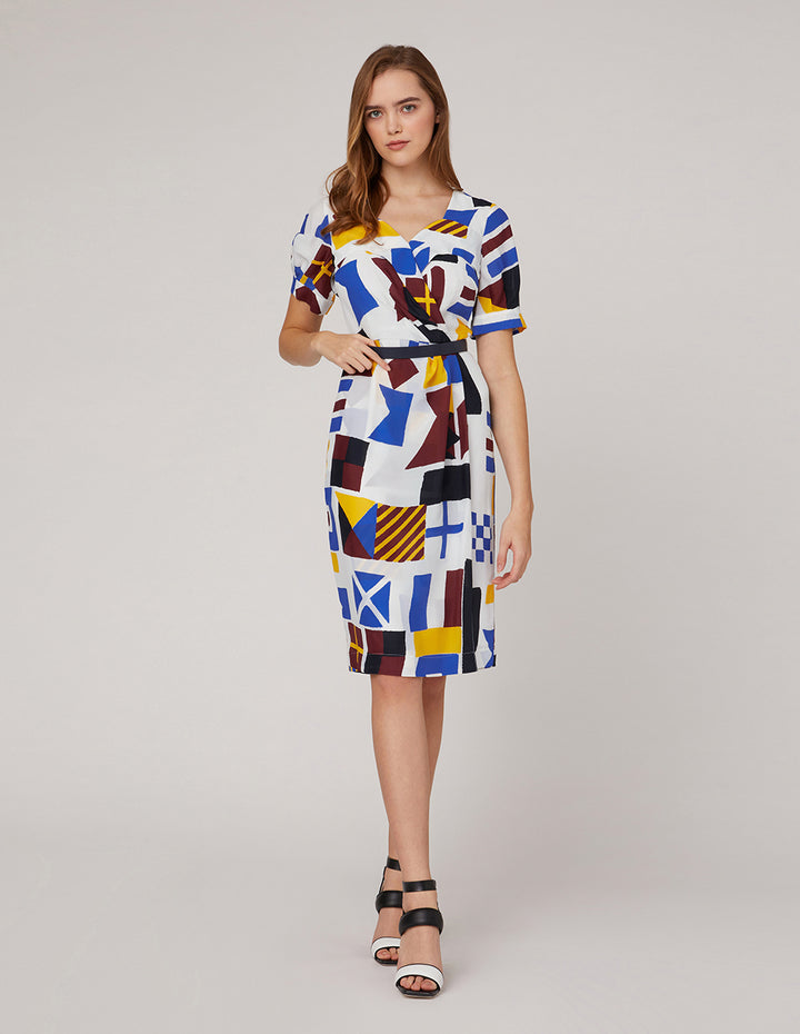 MARYLING V-neck crisscross pleated color block silk dress
