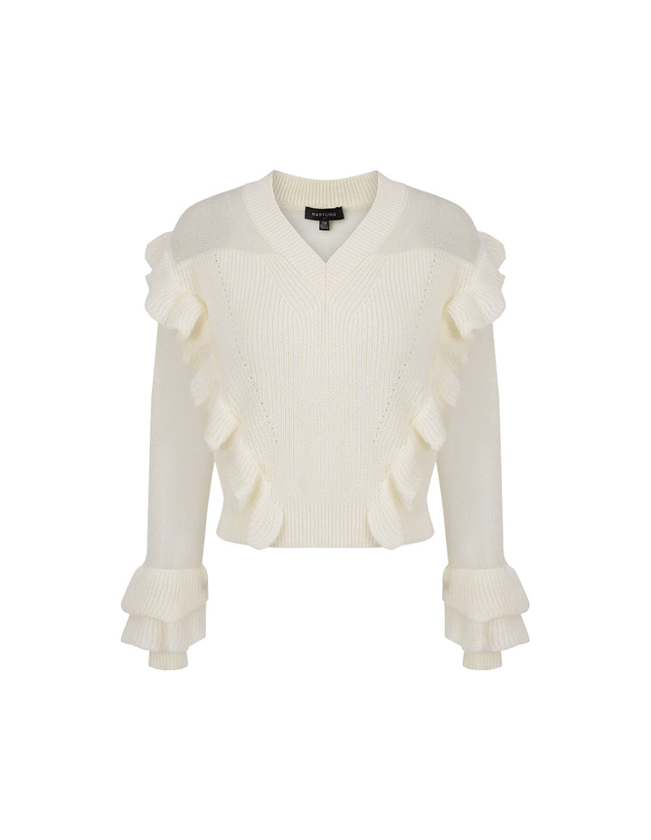 MARYLING Off-White V-Neck Ruffled Knit Pullover
