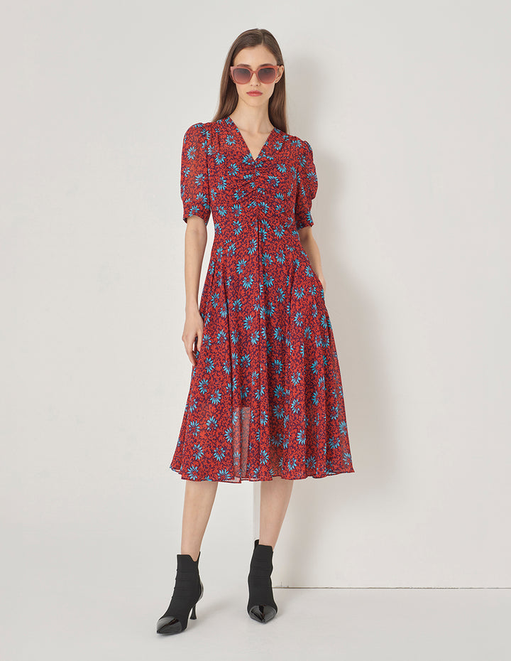 MARYLING Red Floral Printed V-Neck Pleated Dress