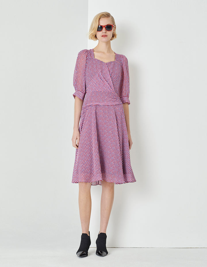 MARYLING Houndstooth Georgette Print Puff Sleeve Dress
