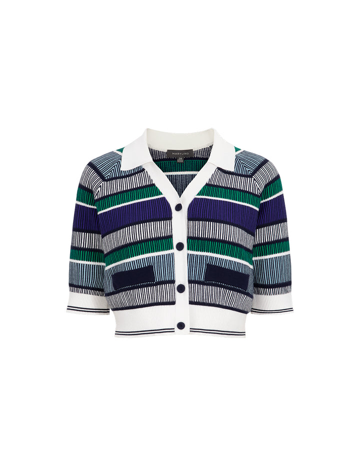 MARYLING Blue Green Striped Knitted Cardigan